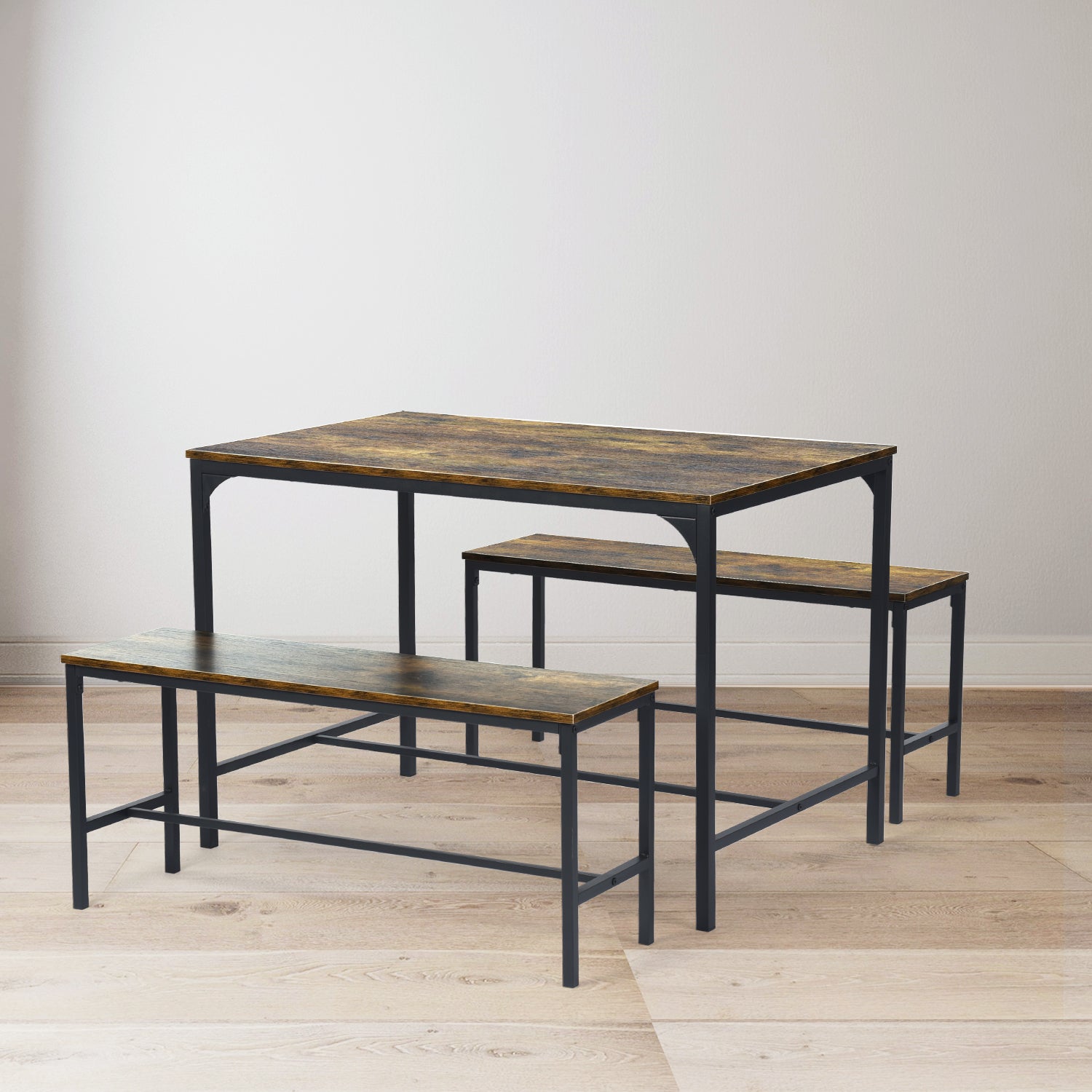 Homylin Dining Table and Bench 3 Piece Set, Dining Table with 2 Bench Retro Design Set of Table and Chairs for 4 People, Set of Table and 2 Bench for Dining Room, Kitchen Cafe. Vintage