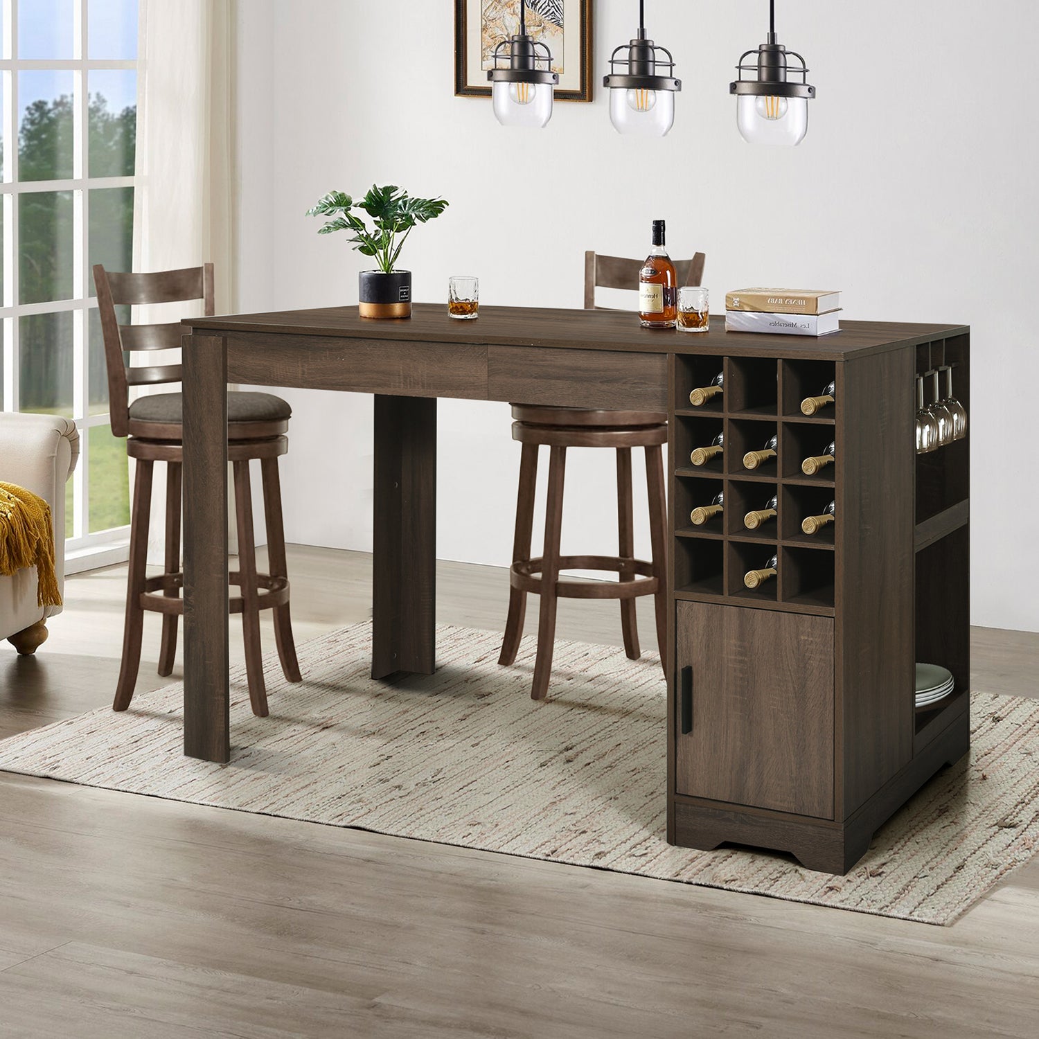 Homylin Bar Table Counter Height Dining Table Counter Table with Storage Shelves, Sturdy Kitchen Table for Dining Living Room Bistro, Brown
